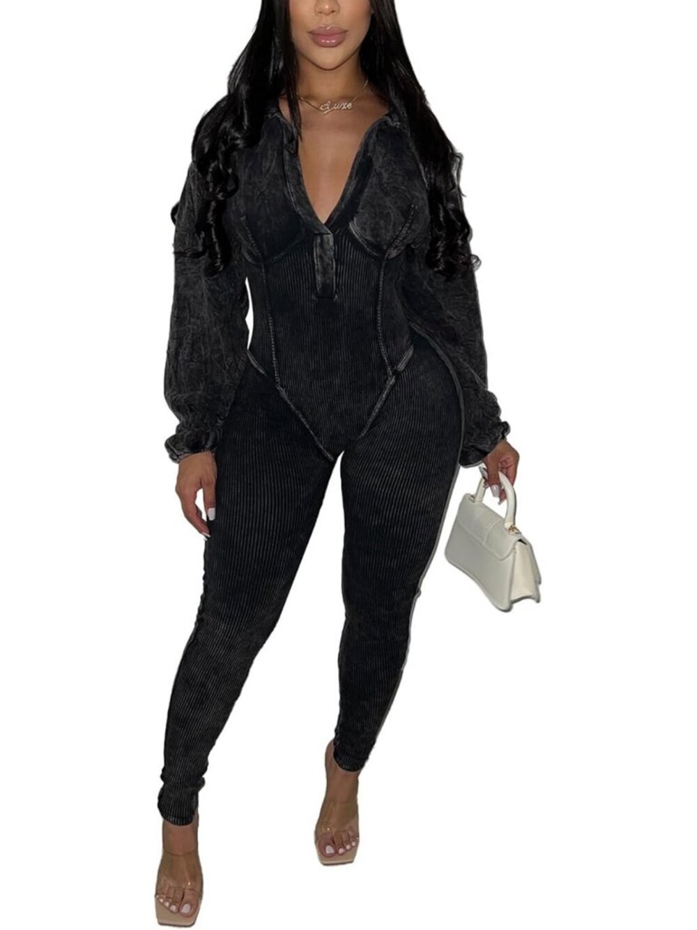 Chic Women's Fall One-Piece Jumpsuit - Sexy Lantern Sleeve Bodycon Ribbed Romper